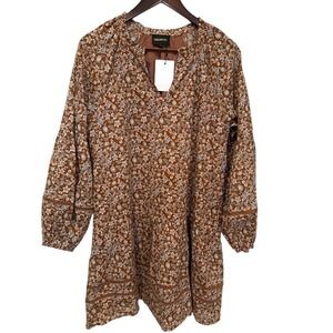 NWT SUGARLIPS Floral Print V Neck Long Sleeve Tiered Mini Dress‎ Brown Size S